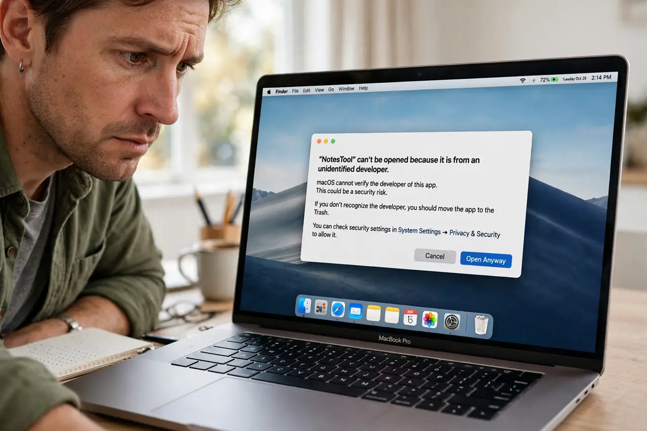 a cautious adult looking at a real Mac showing the 'unidentified developer' warning dialog with fully legible text, the person reading it carefully.
