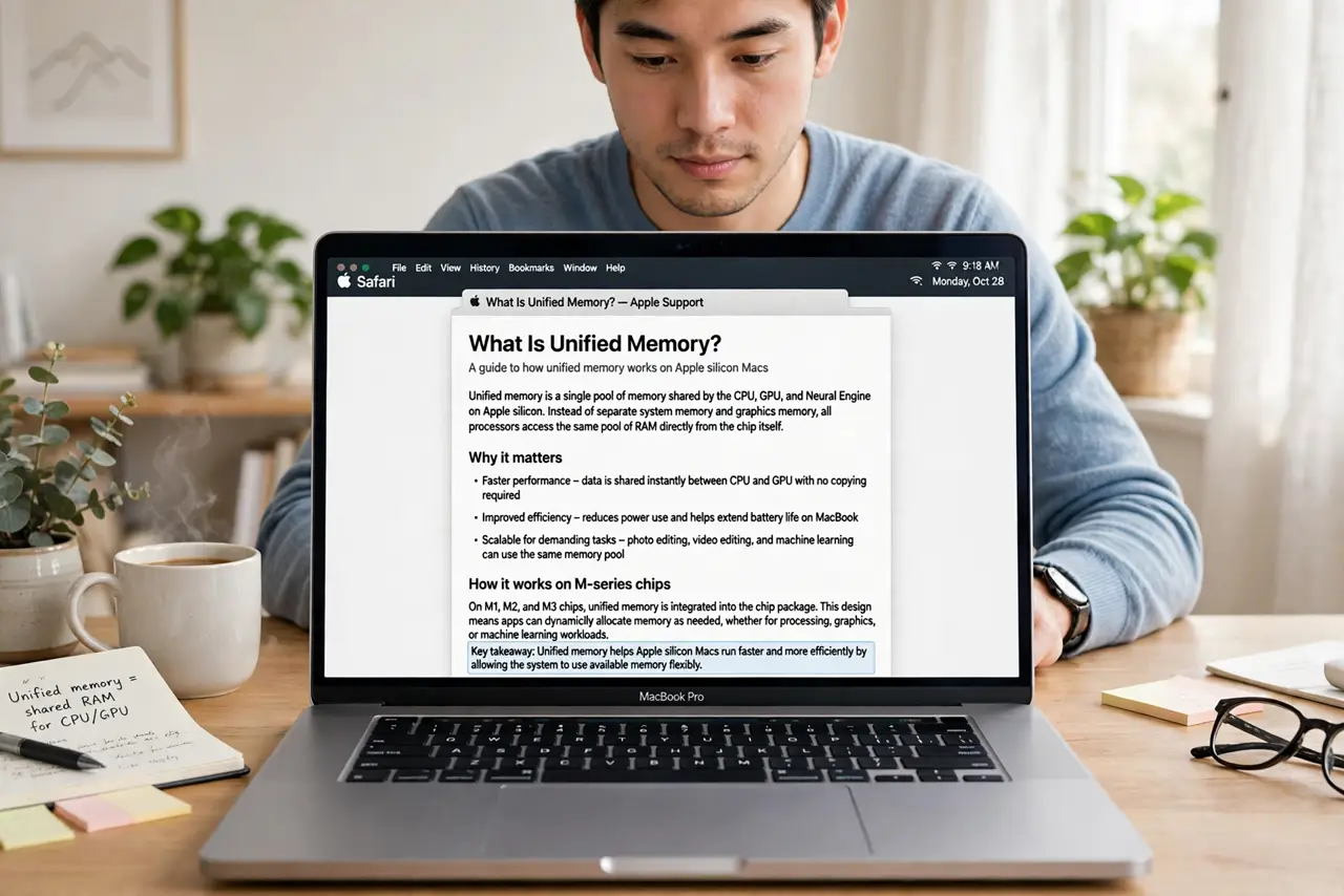 Photoreal photo of a person performing the first step: Learn what unified means. Traditional PCs have separate RAM for the CPU and video memory for th