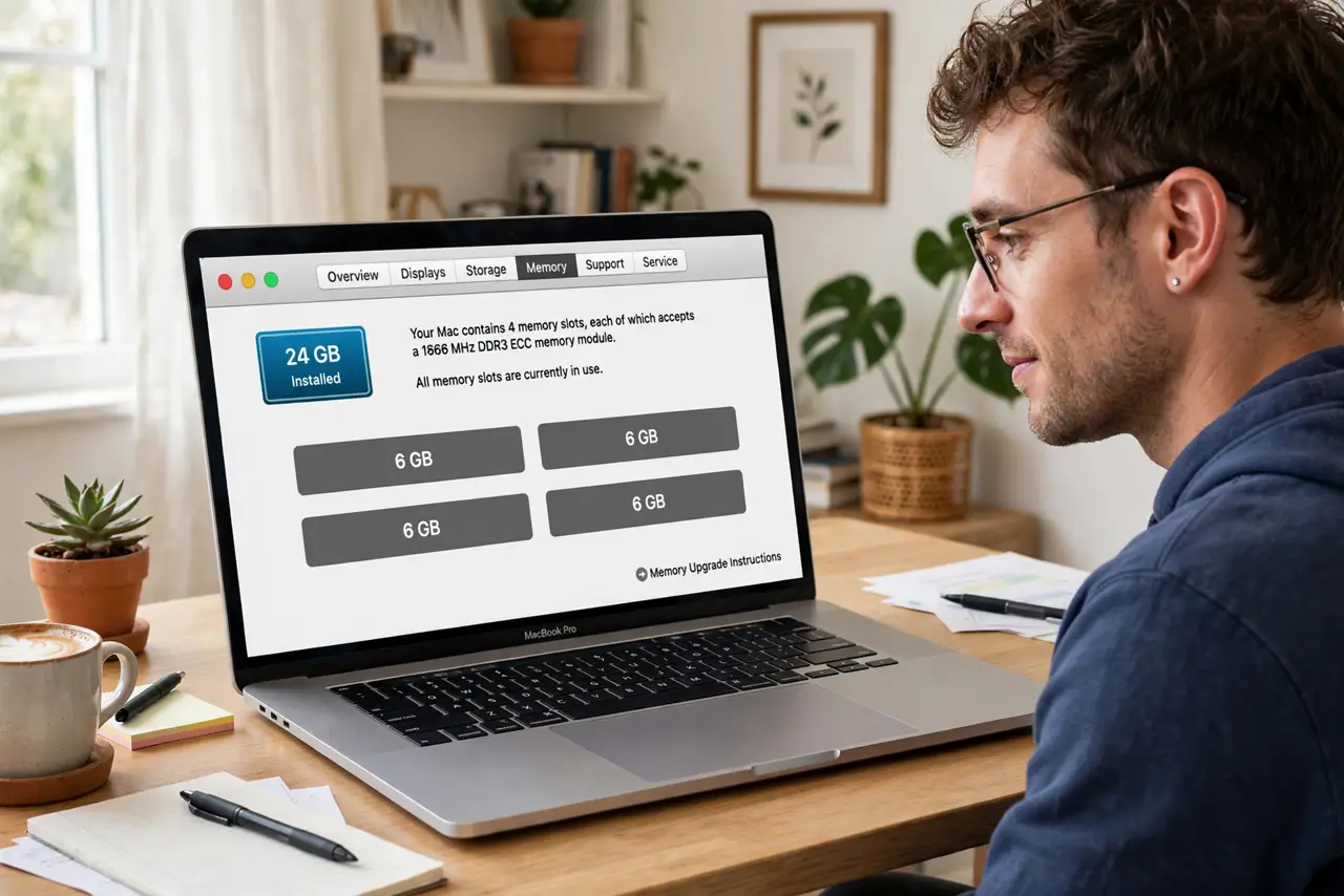 Photoreal photo: a person viewing a real Mac's About This Mac screen showing legible memory information, the person's face curious, bright home office. No black screen, no blank white screen, no fake or garbled screen text.