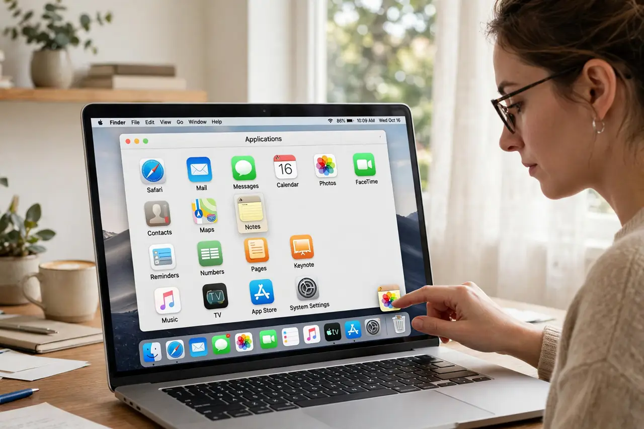 a person using a real MacBook with the Applications folder open on screen showing app icons legibly, one finger dragging an app icon toward the Trash in the ...