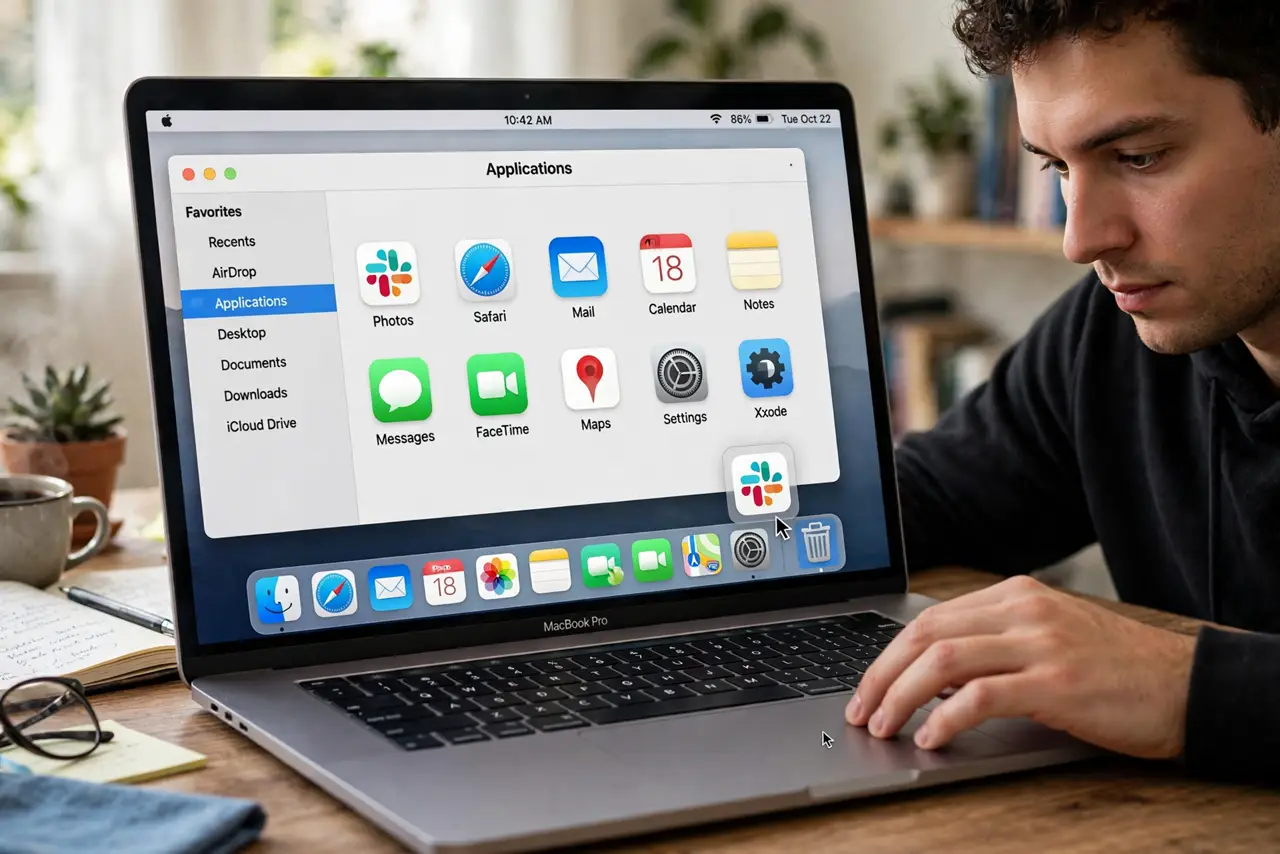 A person dragging an app icon toward the Trash on a MacBook screen, the Applications folder window open with legible