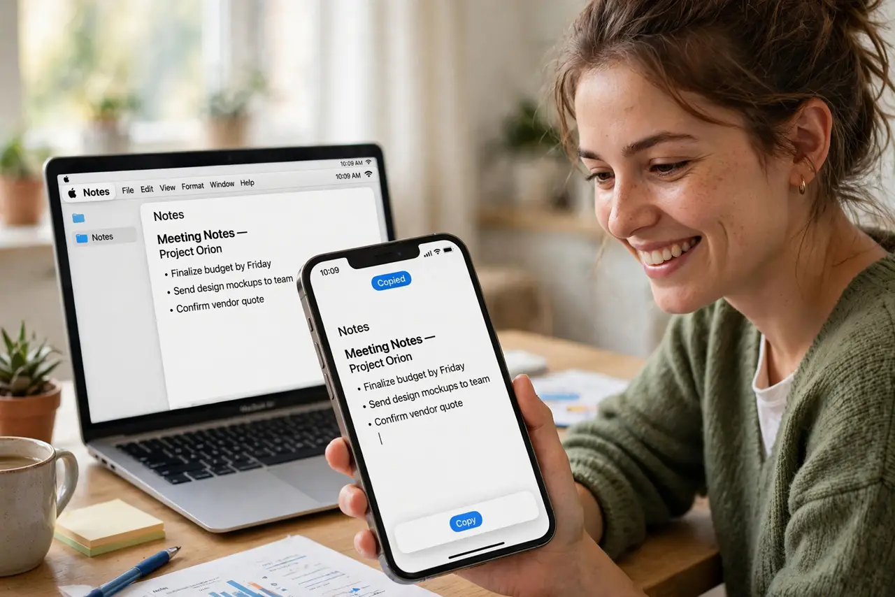 a person copying text on a real iPhone with a Mac beside it showing the paste happening, both screens legible, the person's face pleased, bright desk. No black screen, no blank whi.