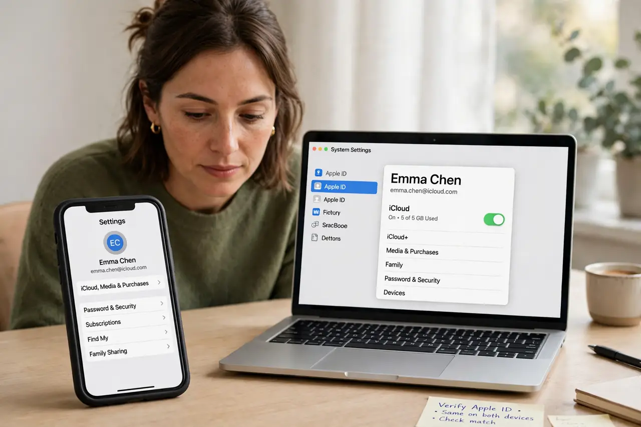 A person performing step 1 of the guide: Verify the same Apple ID. On both devices, check the signed-in Apple ID matches exactly. Universal Clipboard silently fails when the devi...