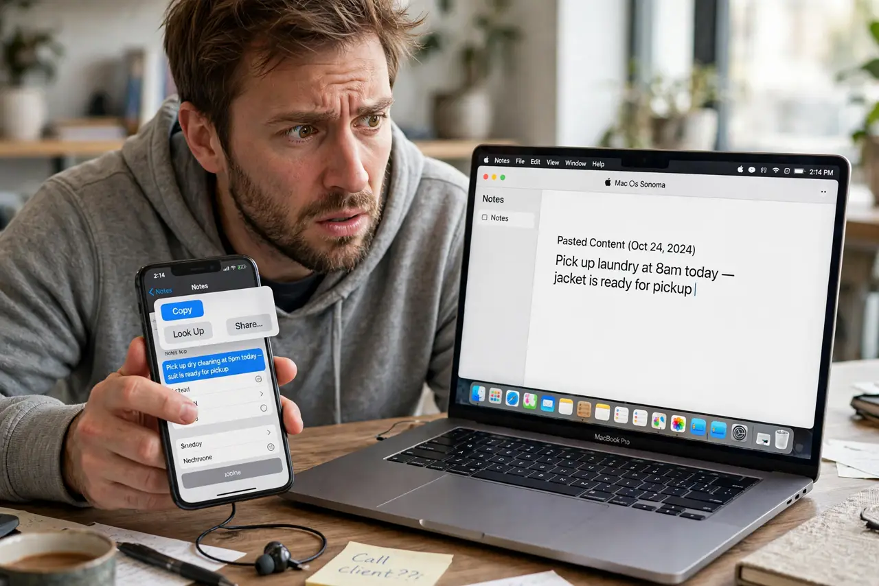 a puzzled adult copying text on a real iPhone, then looking at a real Mac where paste shows the wrong content with fully legible text.