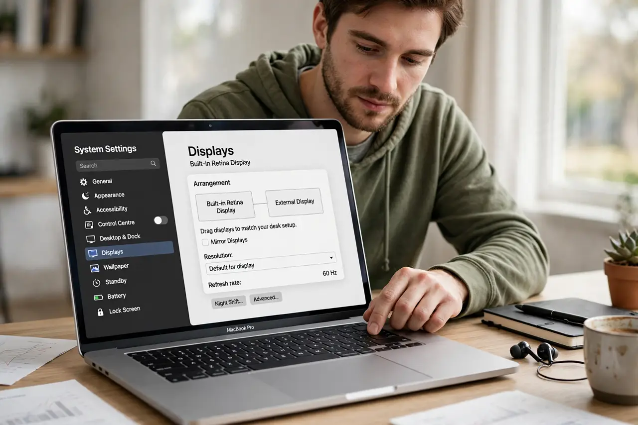 A person performing step 1: Open Displays and look at the arrangement.