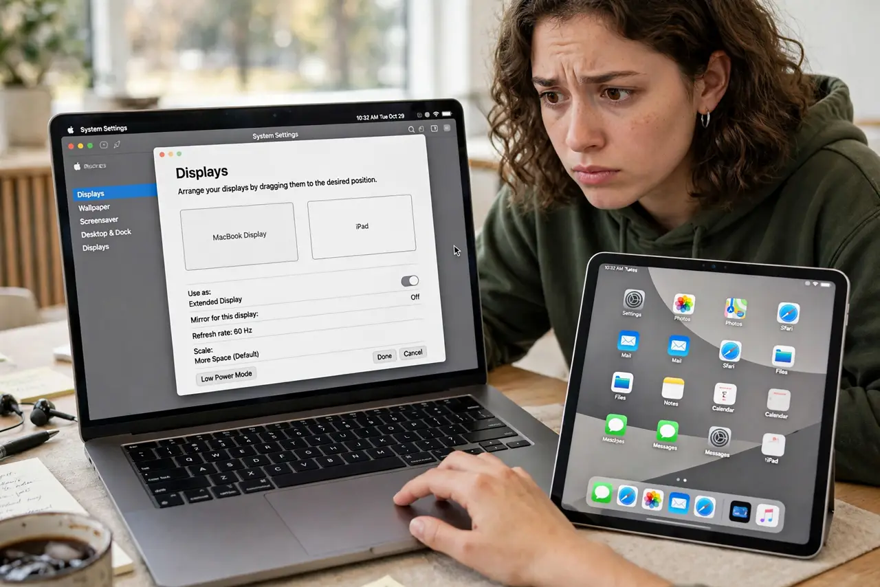 A person at a desk pushing the cursor against the right edge of a real MacBook screen toward a real iPad beside it, the MacBook screen showing the Displays arrangement window fully legible, the person's face puzzled.