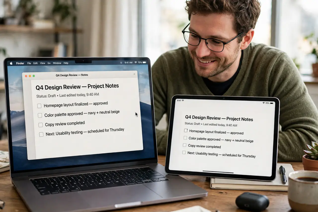 A person sitting at a desk with a real MacBook open and a real iPad beside it, the cursor visibly sliding from the MacBook screen onto the iPad screen, both screens fully legible, the person's face pleased and focused.