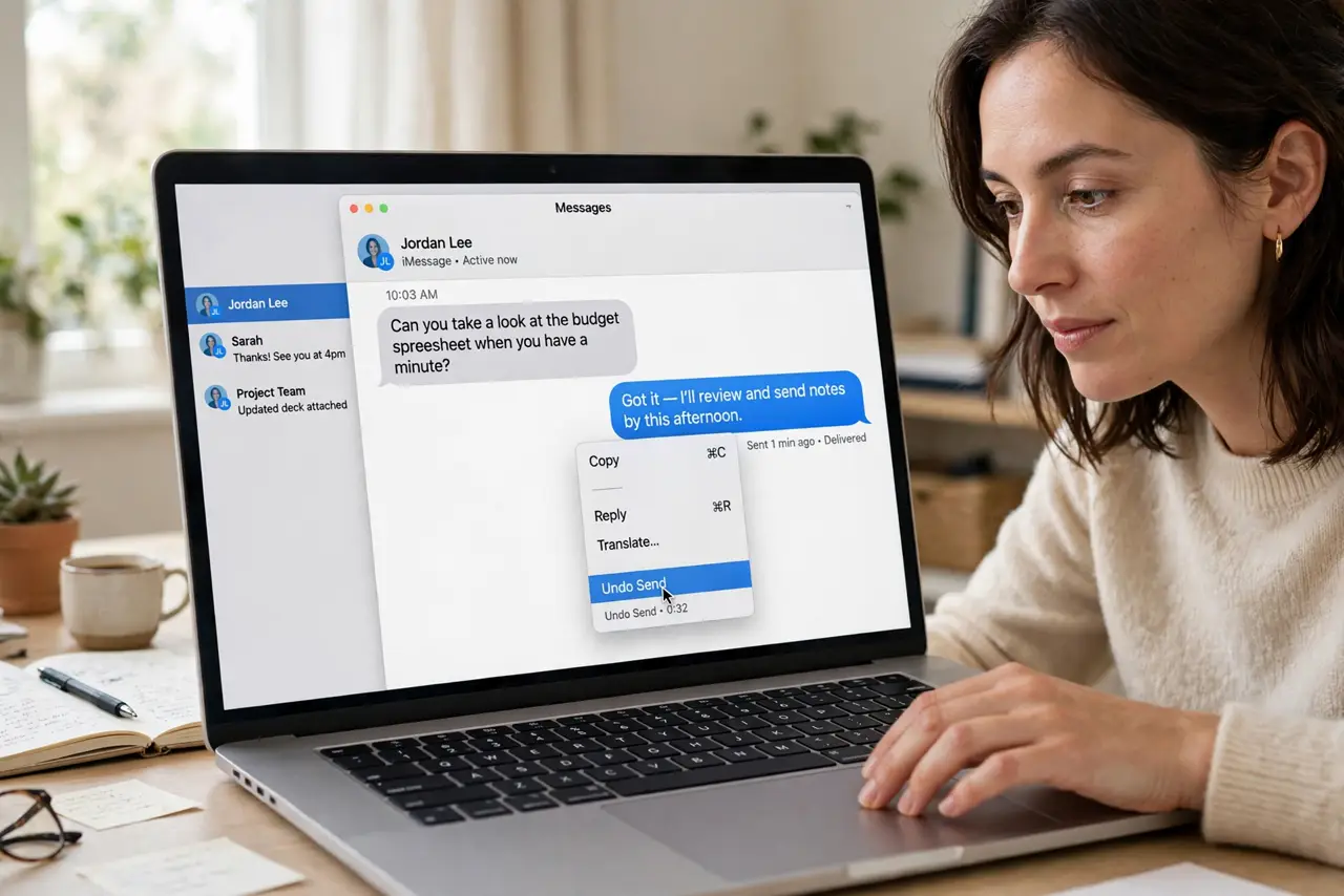A person performing the first step: Act within two minutes. Right-click the sent bubble and choose Undo Send.
