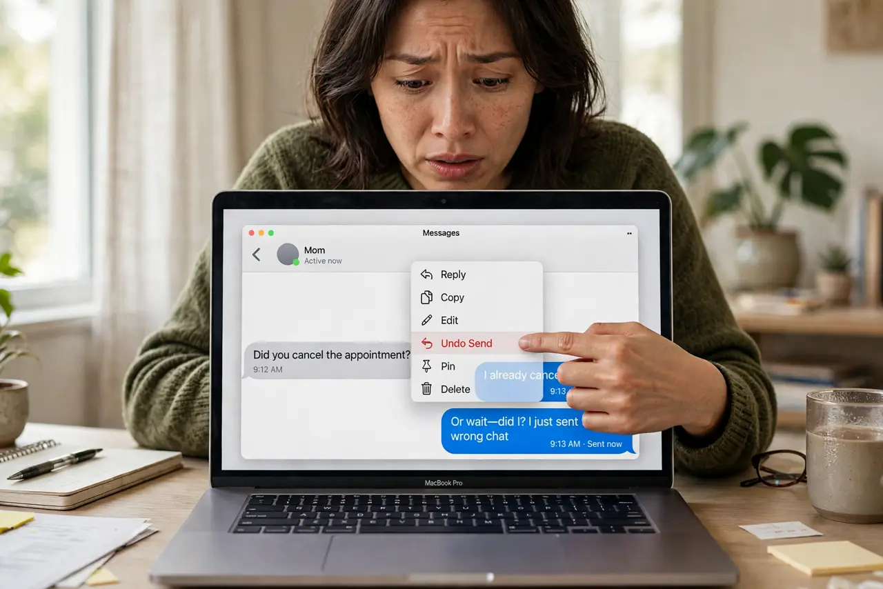 A person urgently tapping on a MacBook screen showing the Messages app with an unsend option visible and legible, the