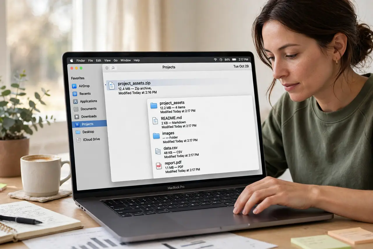 Photoreal photo of a person performing the first step: Double-click to extract. The built-in Archive Utility handles it: double-click the .zip and a folder appears next to it with the contents. The origina...