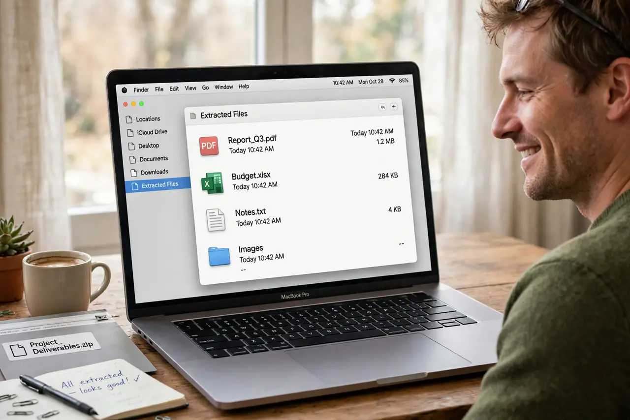 Photoreal photo: a calm person at a desk with a real Mac showing a Finder window with freshly extracted files beside a zip archive, the person's face satisfied. No black screen, no blank white screen, no fake or garbled 