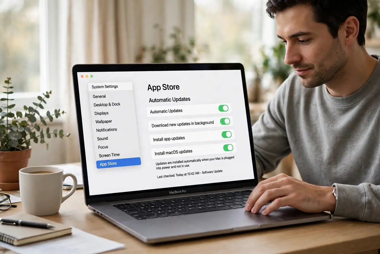 Photoreal photo of a person performing the first step: Turn on automatic App Store updates. In App Store settings, enable automatic updates. Store apps then update silently in the background — security fix...