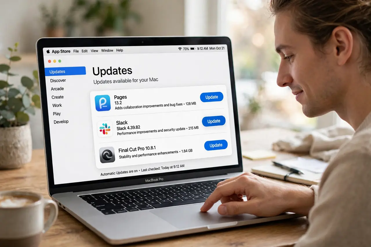 Photoreal photo: a person clicking update on a real Mac App Store updates page showing a list of apps with legible names and update buttons, the person's face calm, home desk. No black screen, no blank white screen, no f