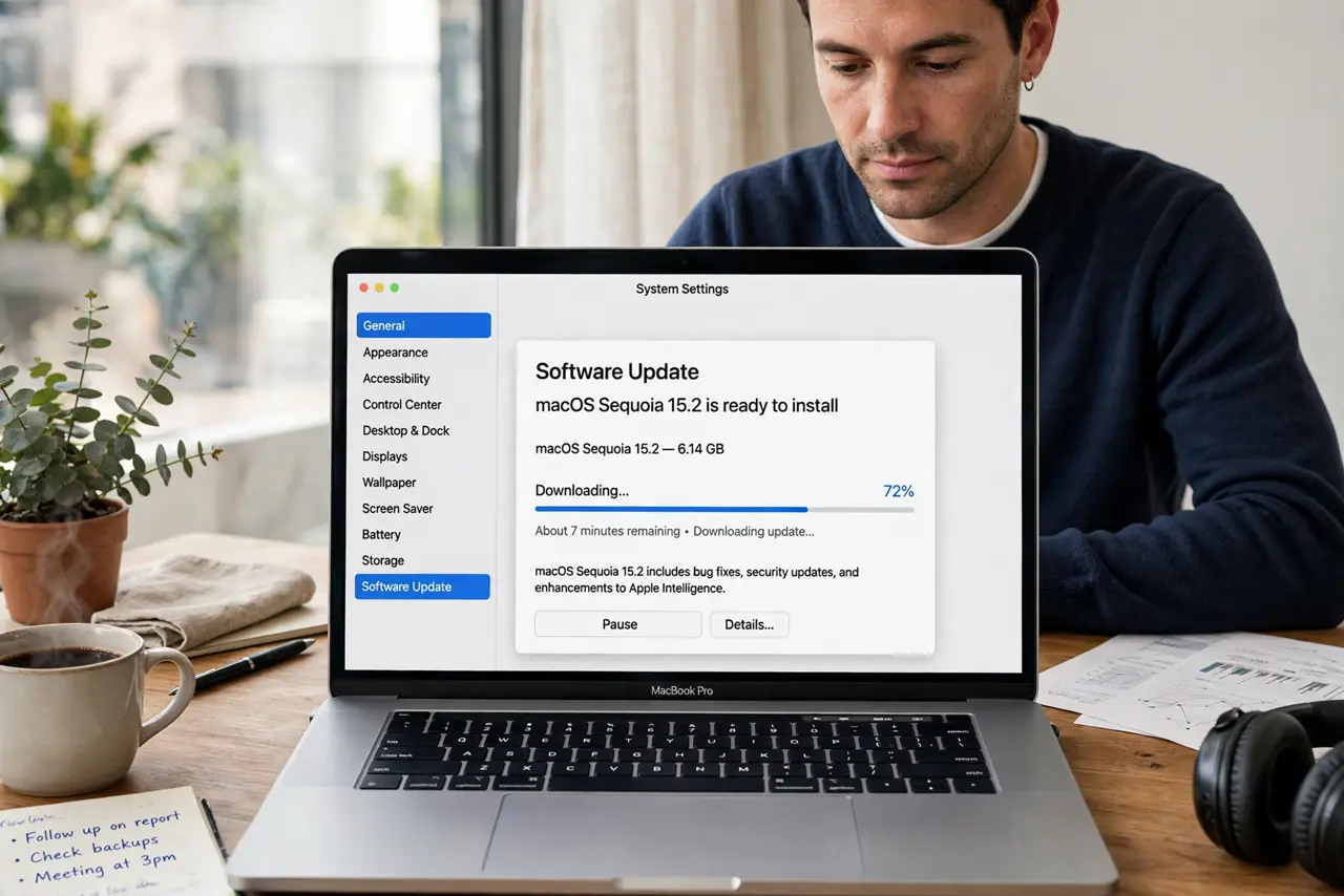 a calm adult at a desk with a real Mac laptop, the macOS Software Update screen with download progress clearly visible and legible on the real Mac screen.