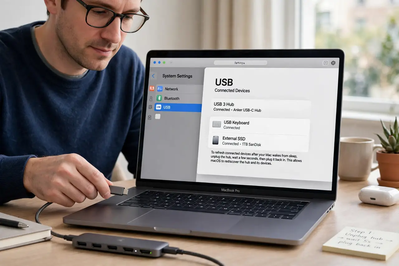 A USB-C Hub Disconnects When Mac Sleeps — step 1 being performed on the device.