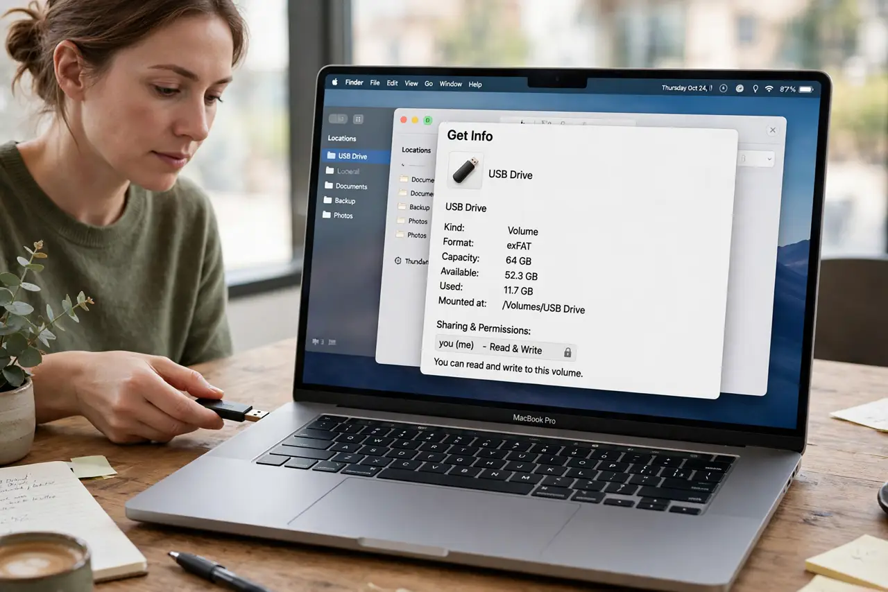a calm adult plugging a real USB drive into a real Mac laptop at a desk, the Finder Get Info window for the drive clearly visible and legible on the real Mac screen.