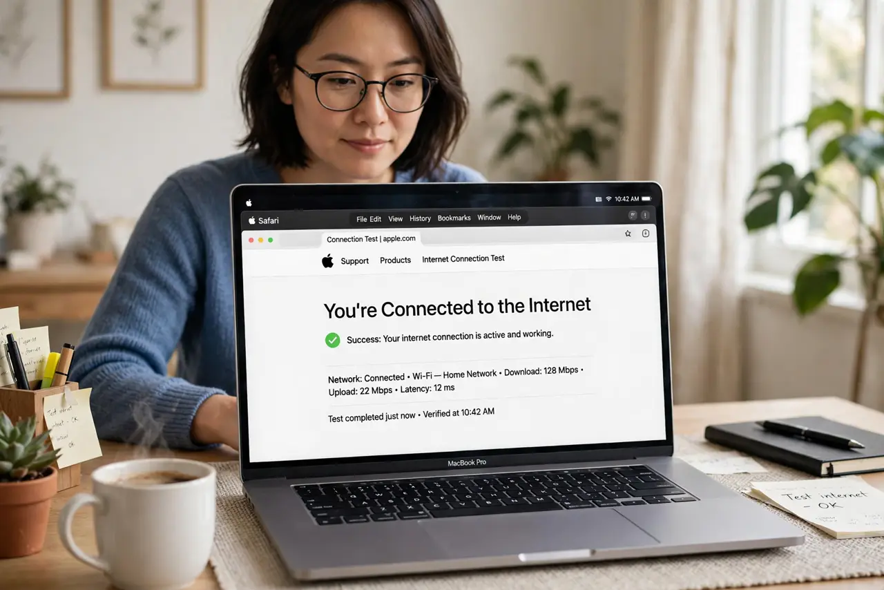 A person performing the first step: Confirm the internet actually works. Open a website in Safari. Apple's verification.