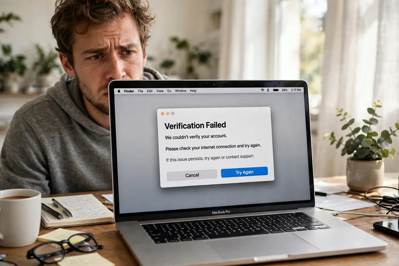 A person staring at a MacBook screen showing a 'Verification Failed' error dialog with legible text, the person's face