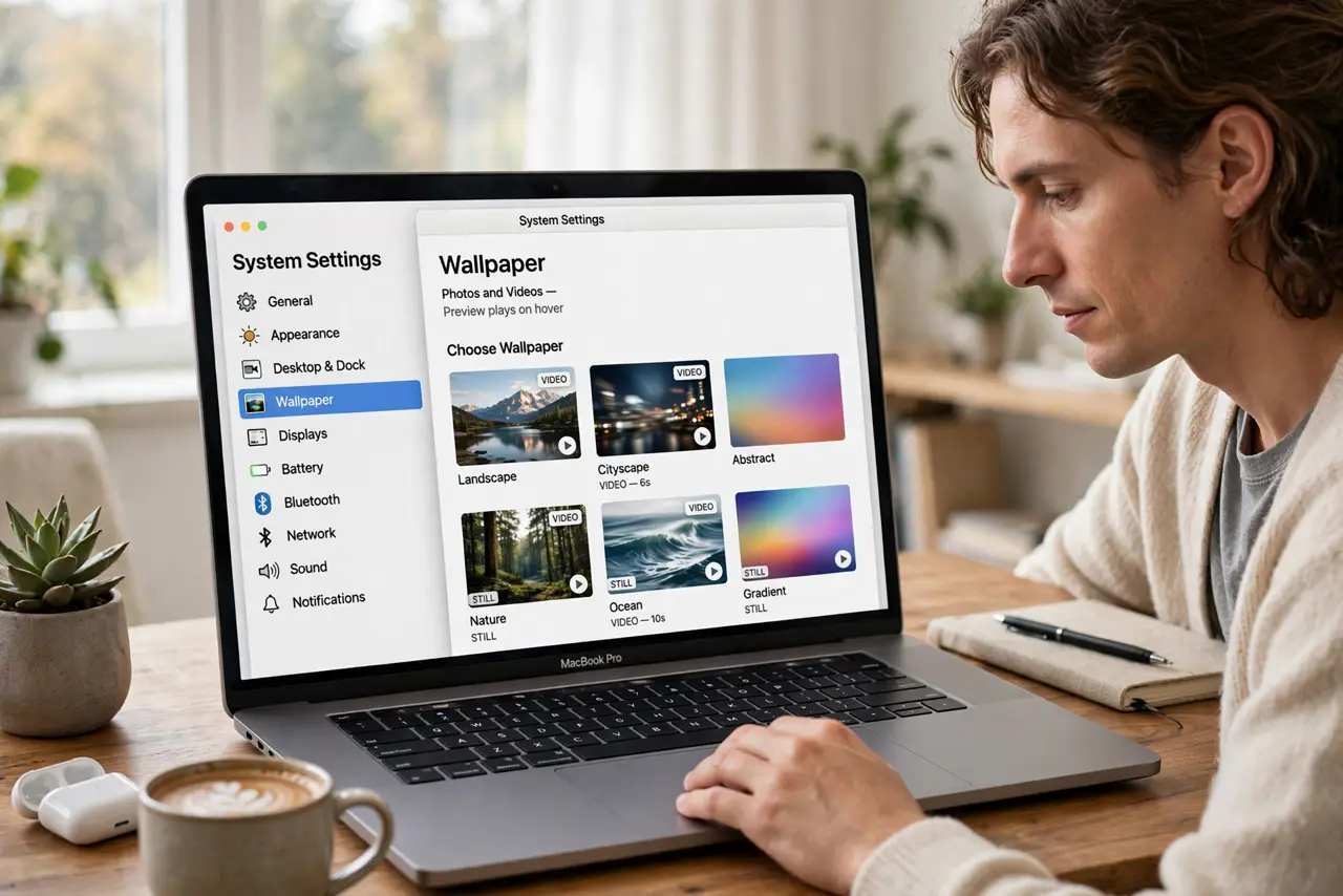 A person performing step 1: Open the Wallpaper settings. Go to System Settings and choose Wallpaper. The gallery shows stills and videos t.
