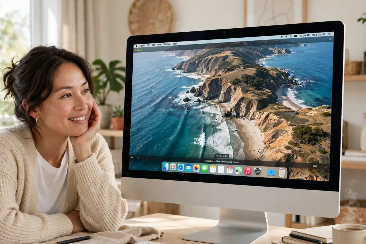 A person admiring a real Mac desktop, the screen showing a legible slow-motion aerial video wallpaper of a coastline, the person's face delighted, bright home office.