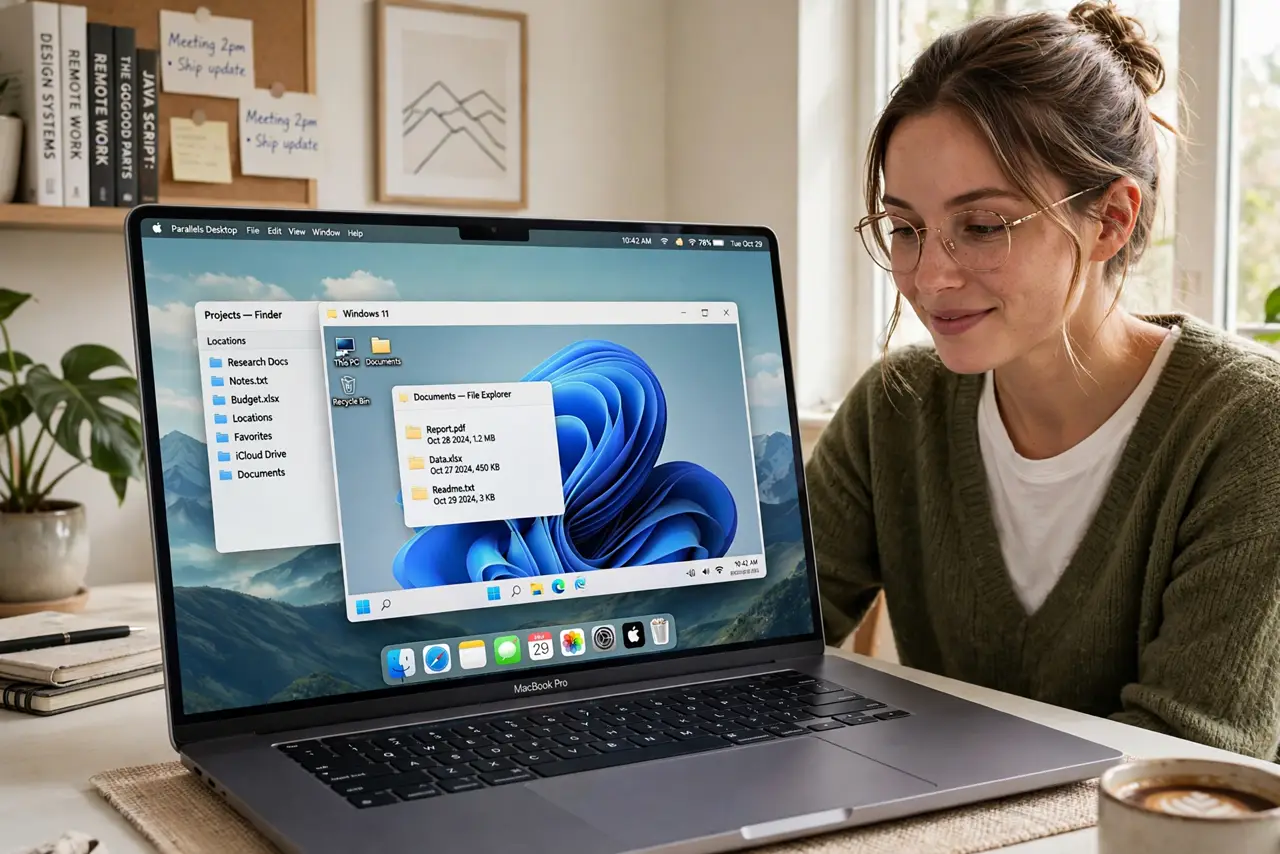 Photoreal photo: a person using a real MacBook showing a virtual machine window running a legible Windows desktop beside Mac apps, the person's face curious and pleased, bright home office. No black screen, no blank white screen, no f