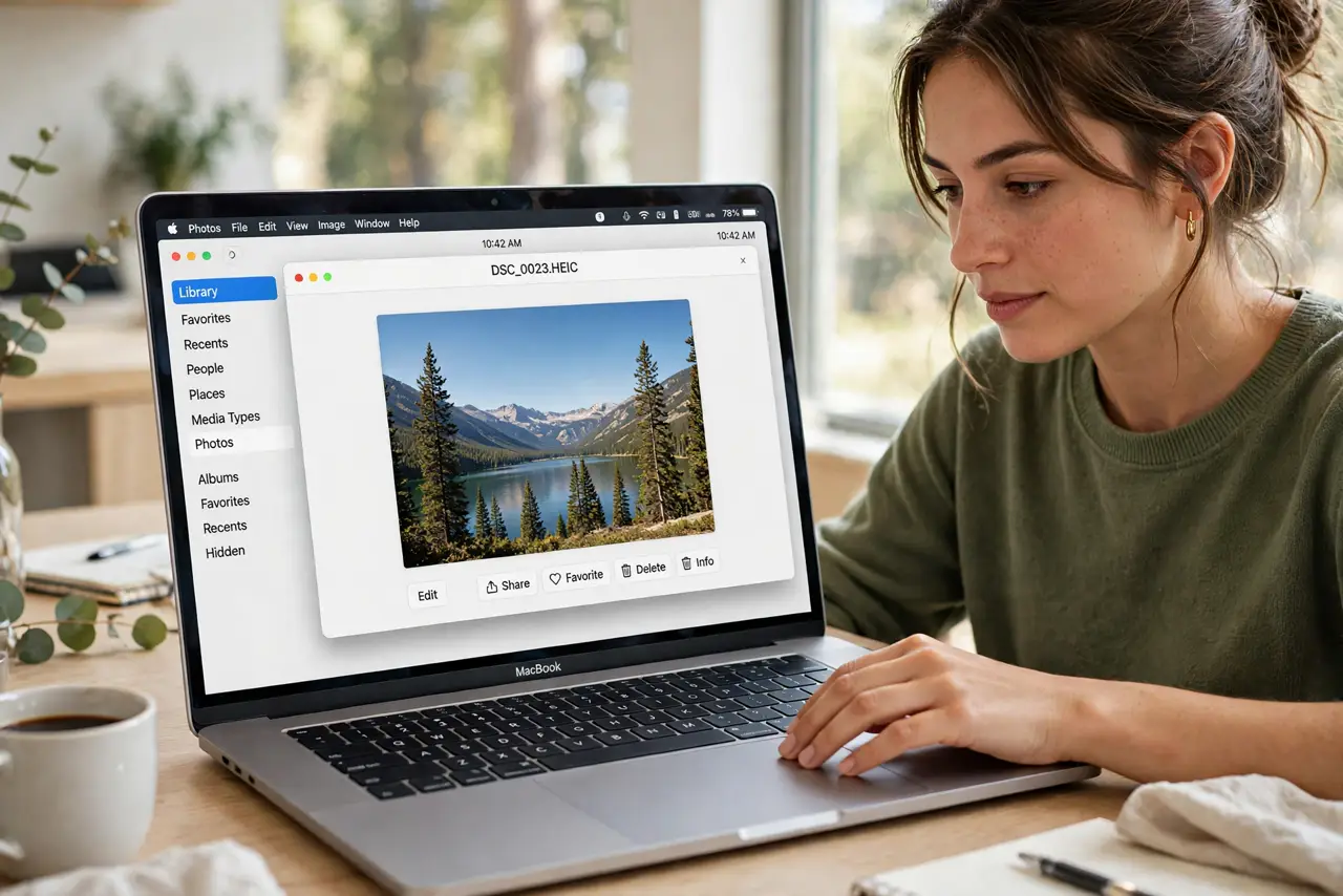 A person calmly performing the guide's first step: Open a photo in Photos.