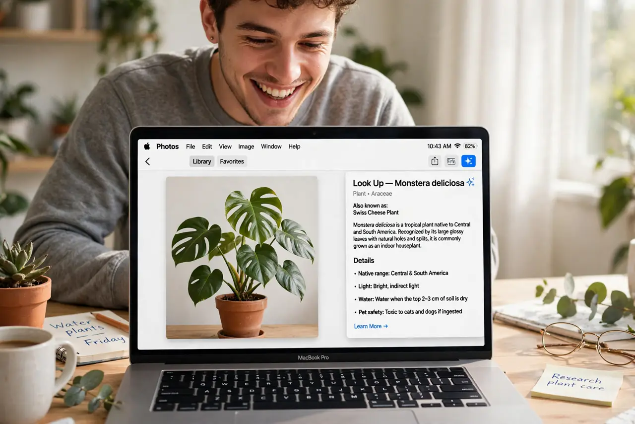 a person viewing a real photo of a plant on a Mac with the Visual Look Up info panel showing legible identification, the person's face delighted, bright desk. No black screen, no b.