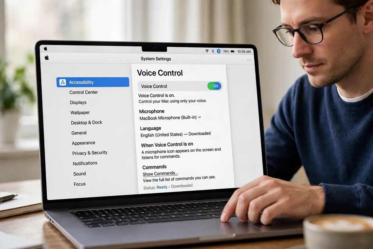 A person calmly performing the guide's first step: Turn on Voice Control.