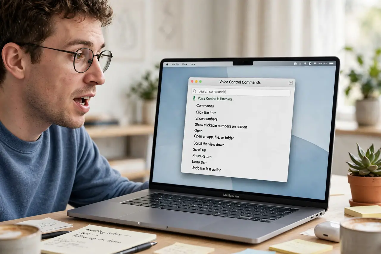 a person speaking commands to a real Mac, the Voice Control commands list open on screen, the person's face engaged, bright desk. No black screen, no blank white screen, no fake or.