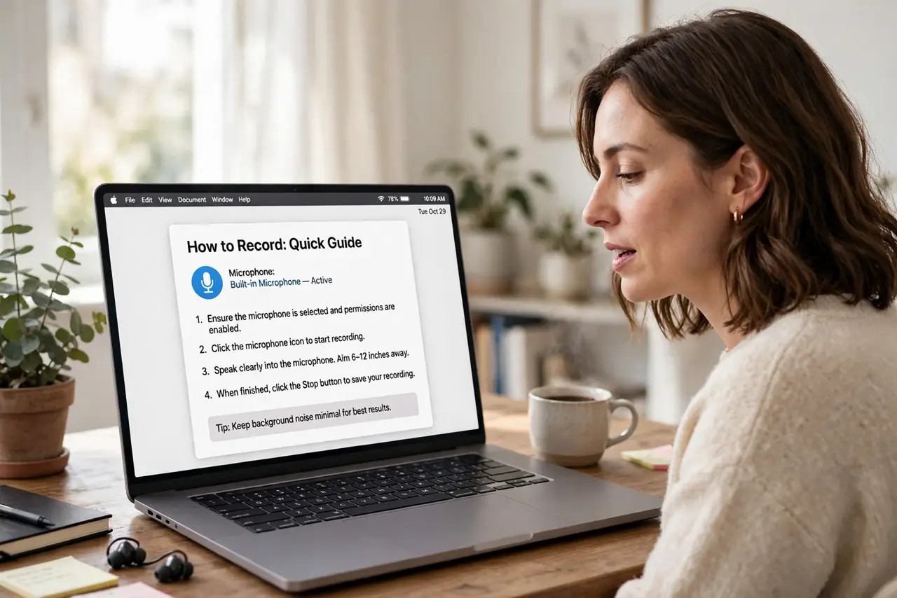 a person speaking toward a real MacBook on a desk, the screen showing a document with legible text, a microphone icon visible on screen, the person's face ca...