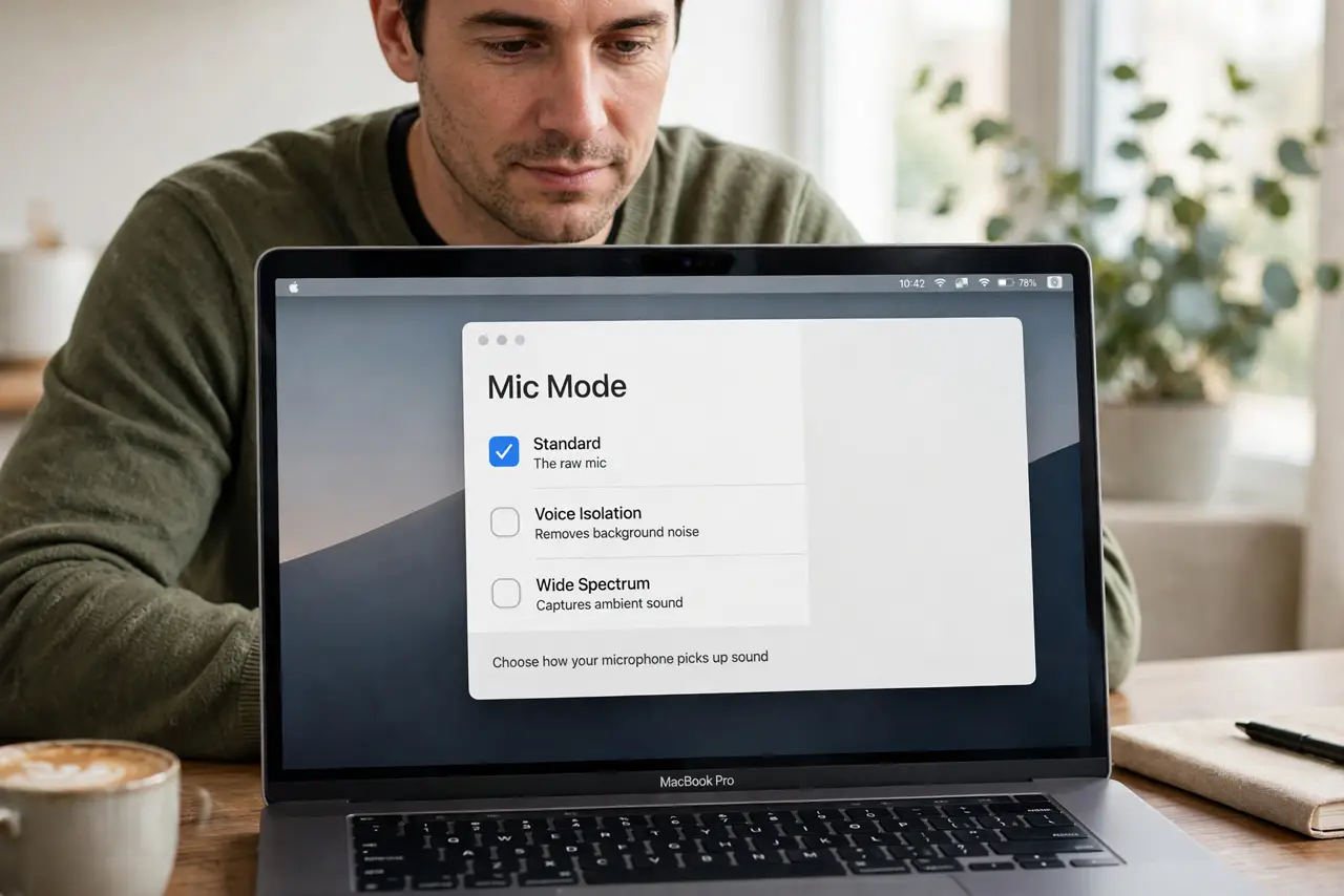 A person performing step 1: Understand the three mic modes. macOS offers Standard, Voice Isolation, and Wide Spectrum. Standard is the raw.