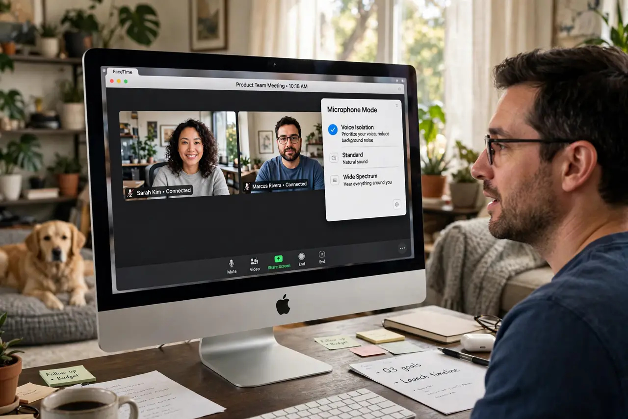A person on a video call at a real Mac in a busy home, a dog visible in the background, the Mac screen showing a legible call with.