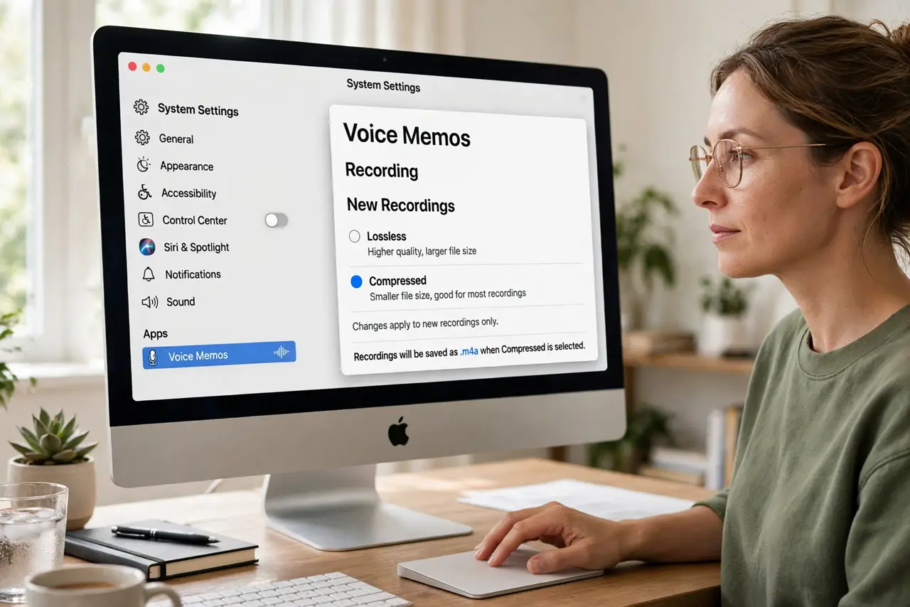Step 1 in action for Voice Memos Eat Too Much Space: Switch new recordings to compressed.