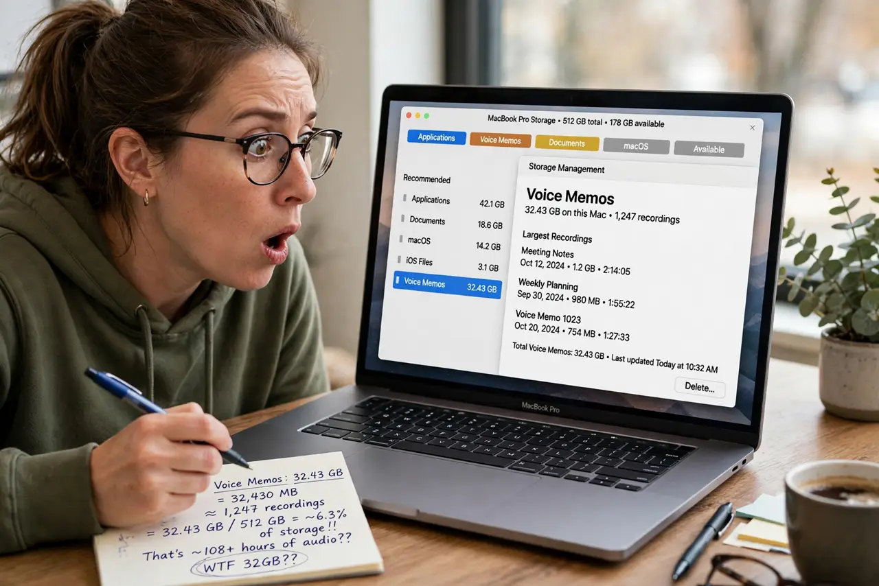 Voice Memos Eat Too Much Space — a surprised adult looking at the Mac storage view showing Voice Memos taking gigabytes with fully legible text