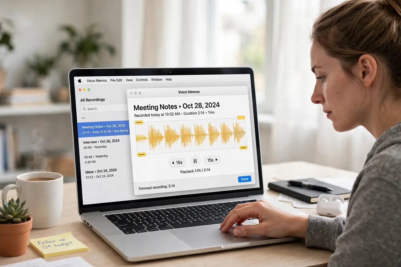 a person using a real Mac, Voice Memos open showing a waveform with trim handles, the person's hand on the trackpad, face focused, bright desk. No black screen, no blank white scre.