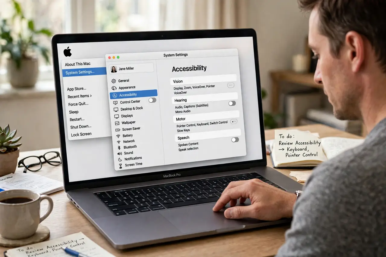 Photoreal photo of a person performing the first step: Open System Settings to Accessibility. Click the Apple menu, choose System Settings, then Ac...