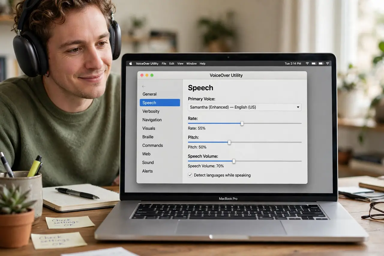 Photoreal photo: a person wearing real headphones listening to a real Mac with the VoiceOver Utility window open showing the speech rate slider, the person's face relieved, desk. No black screen, no blank white scr...