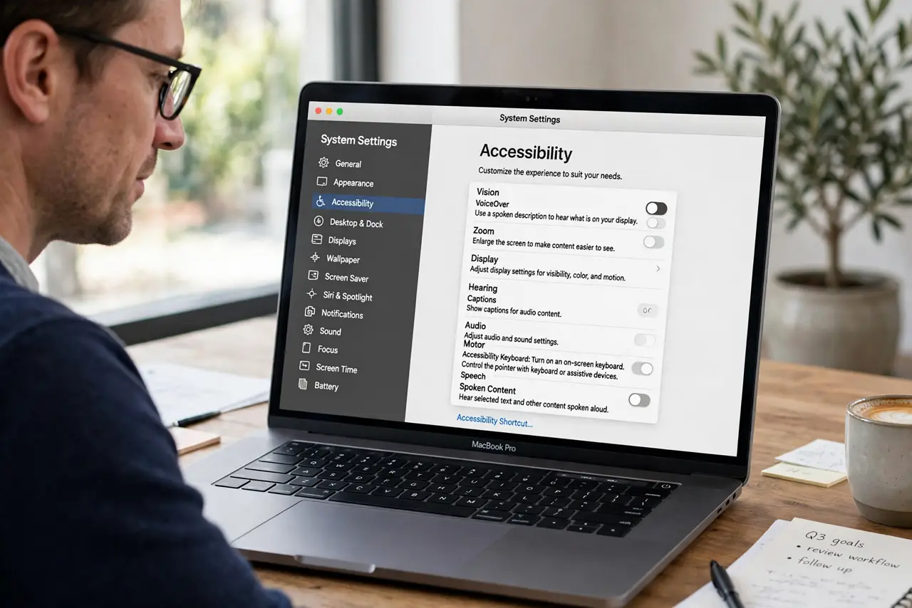 a calm adult at a desk with a real Mac laptop open, Accessibility settings visible on the real screen complete and legible, the person working quietly and calmly.