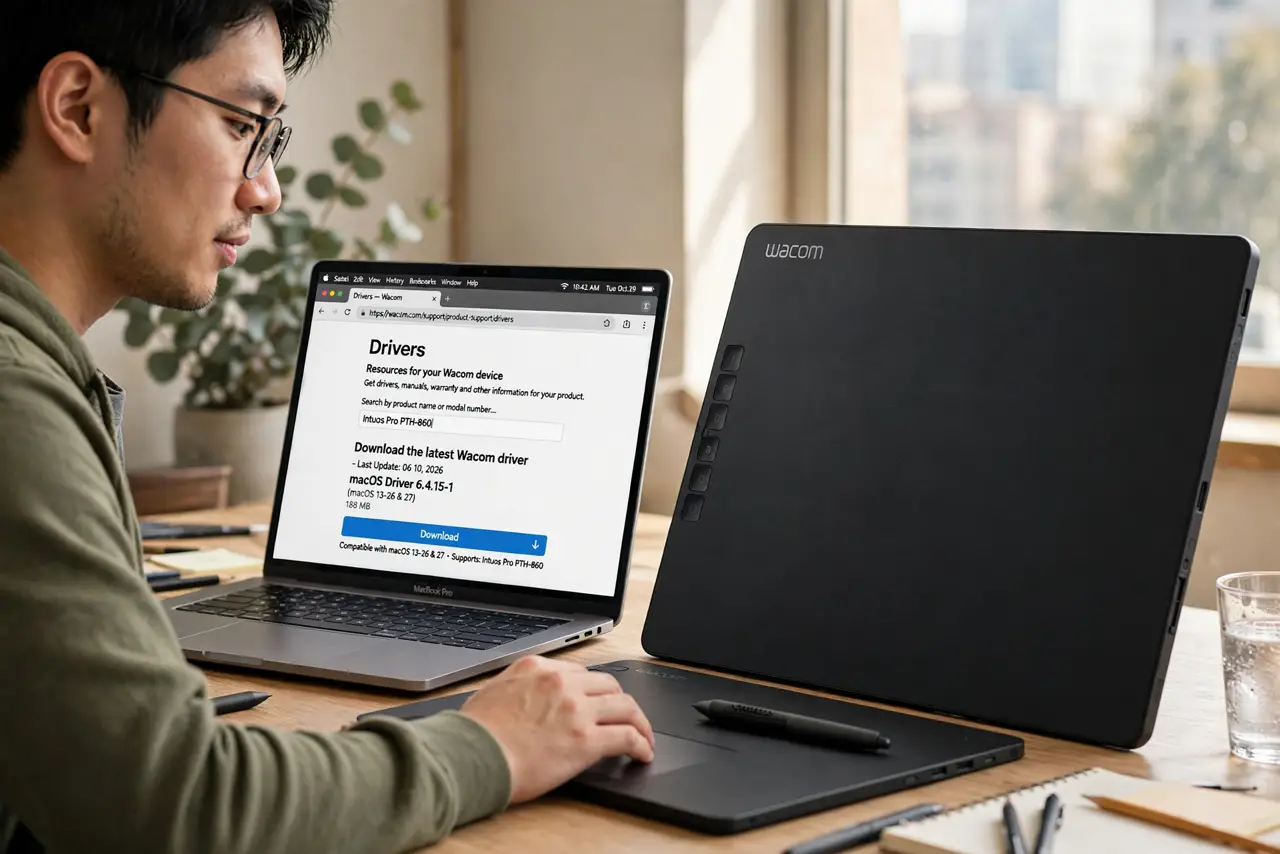 Photoreal photo of a person performing the first step: Install the latest driver from Wacom's own site. Download the driver for your exact tablet m...