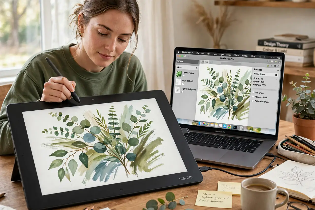 Photoreal photo: a person drawing on a real Wacom tablet connected to a real Mac showing an art app with varied brush strokes, the person's face concentrated, desk with warm light. No black screen, no blank white s...