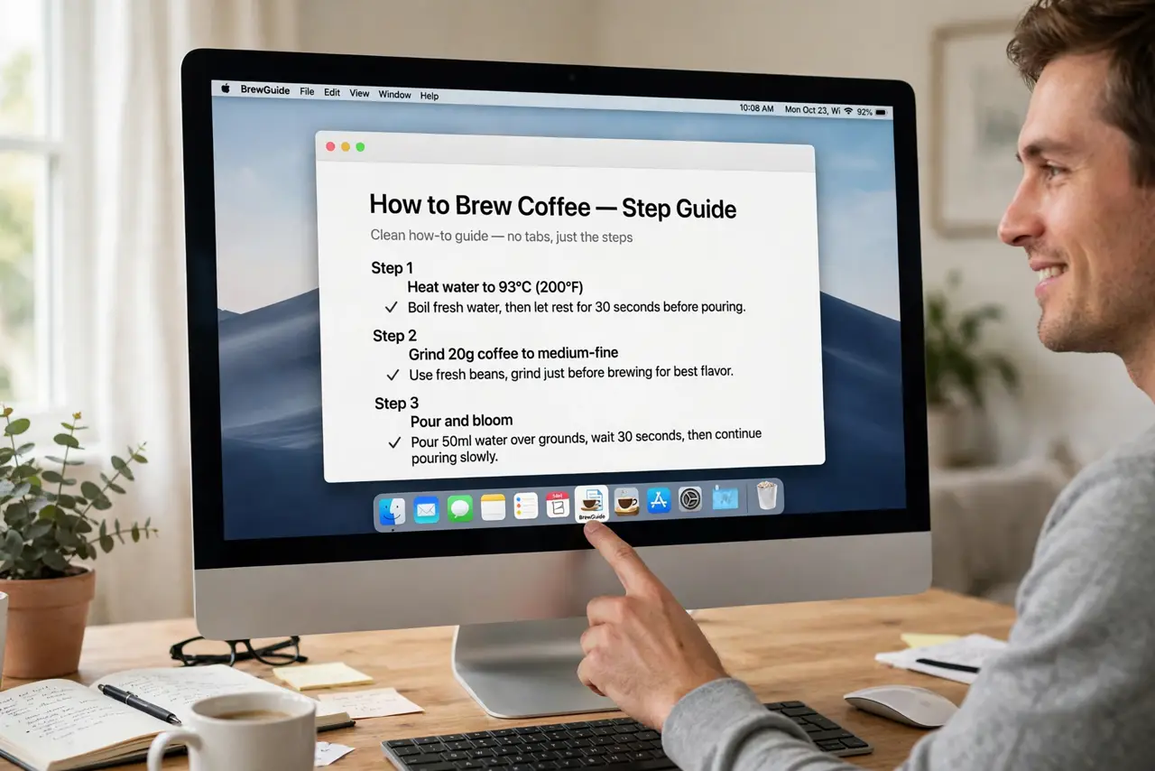 a person clicking a real website icon in the Mac Dock, the site opening in its own clean window with legible content and no browser tabs, the person's face s...