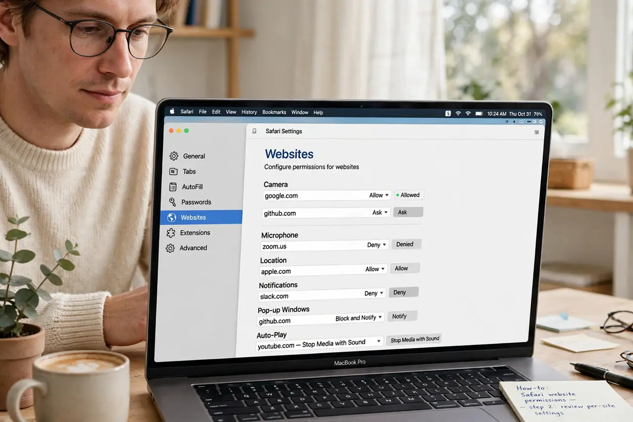 a person using a real MacBook showing Safari's Settings > Websites panel with per-site permissions legibly listed, the person's face focused, bright home off...