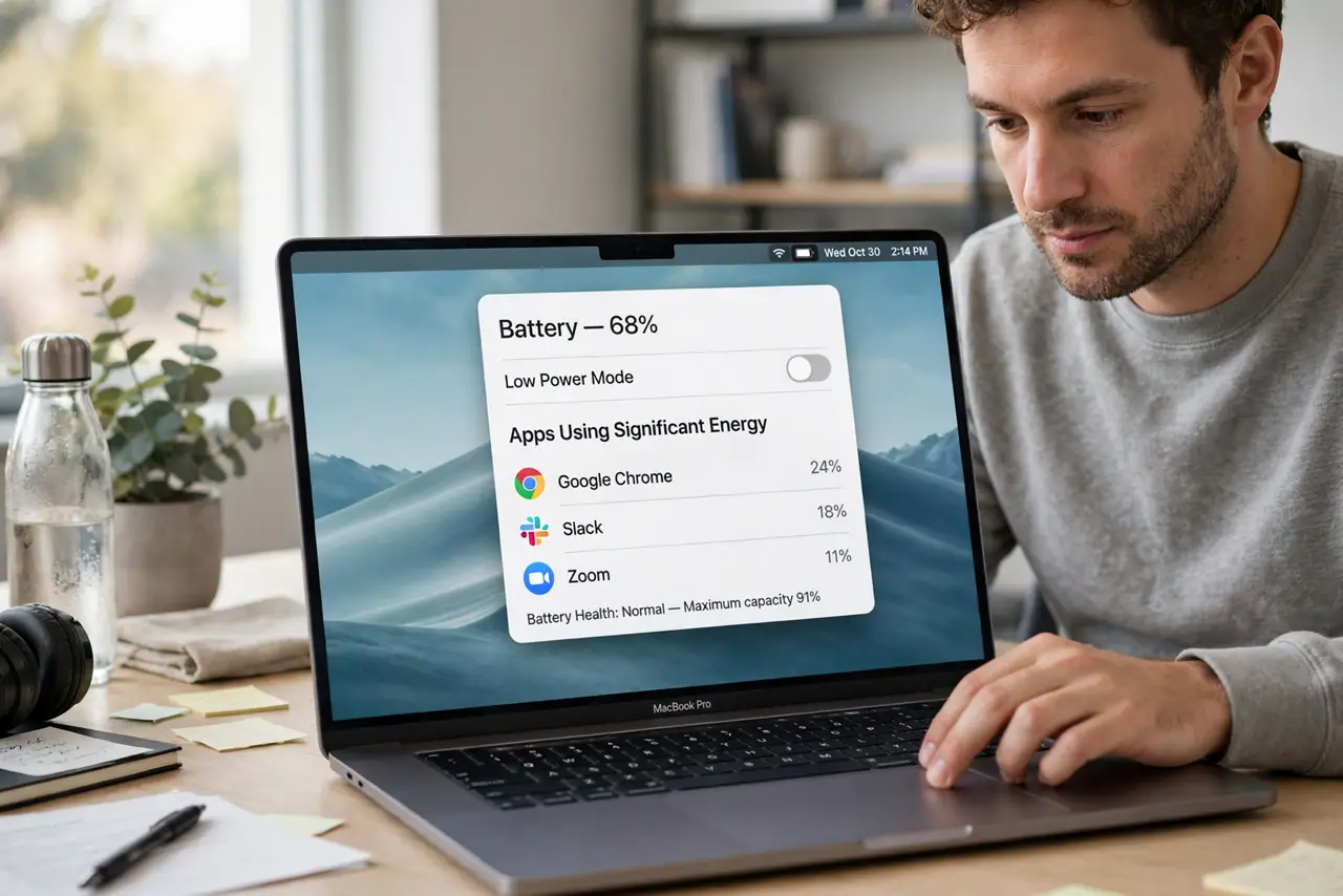 A person performing the first step: Check the battery menu first. Click the battery icon in the menu bar. macOS lists.