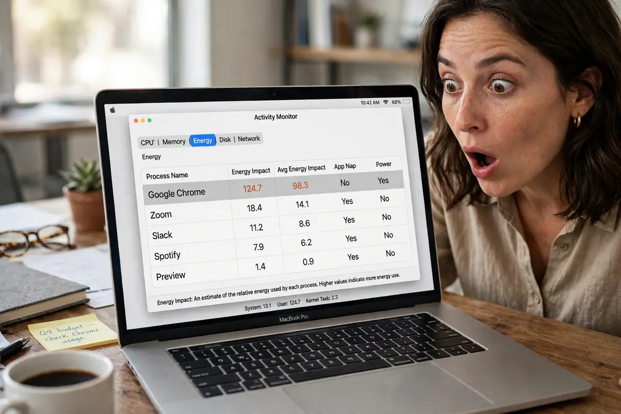 A person looking at a MacBook screen showing Activity Monitor with the Energy tab visible and app rows legible, the