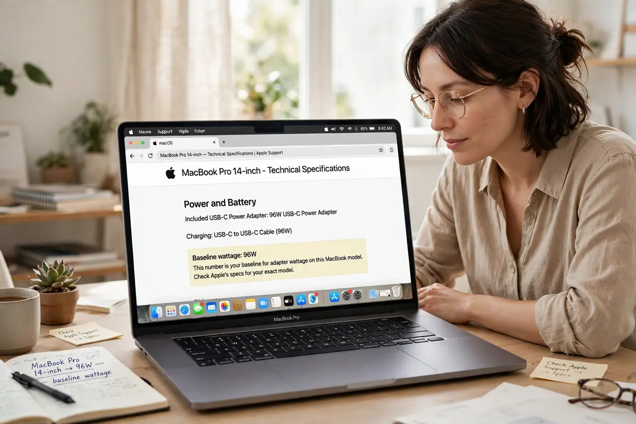 A person performing step 1: Find your Mac's original wattage. Check the specs for your exact MacBook model — Apple lists the included adap.