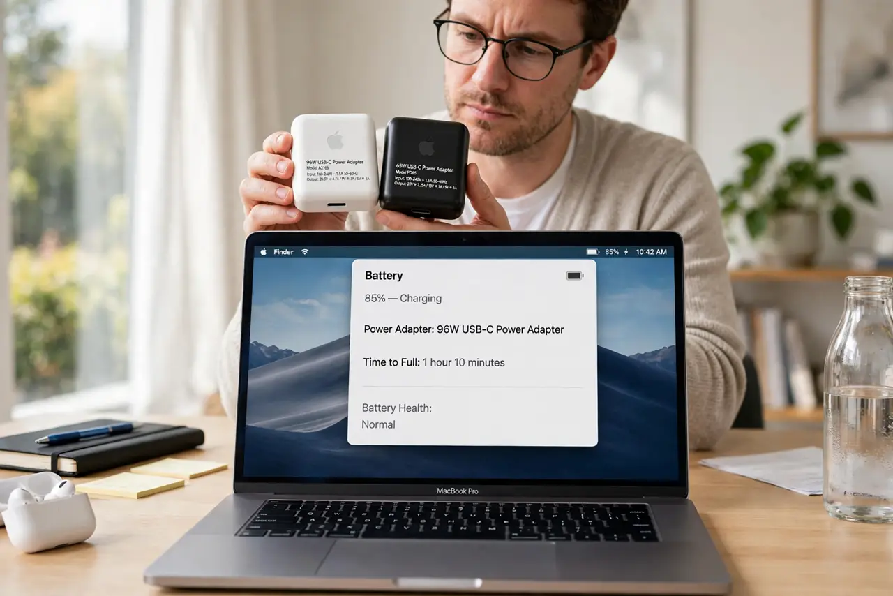A person at a desk holding two real USB-C power bricks side by side in front of a MacBook showing the battery status with legible text, the person's.