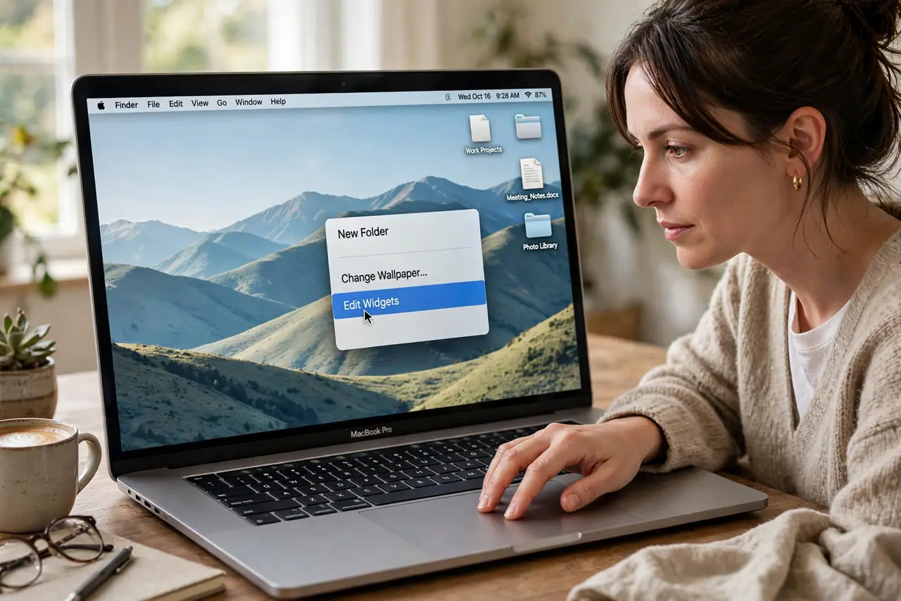 A person calmly performing the guide's first step: Right-click the desktop and choose Edit Widgets.
