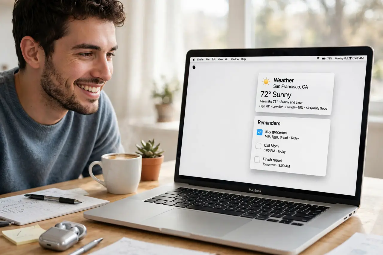 a person looking at a real Mac desktop showing interactive widgets with legible reminders and weather, the person's face pleased, bright desk. No black screen, no blank white scree.