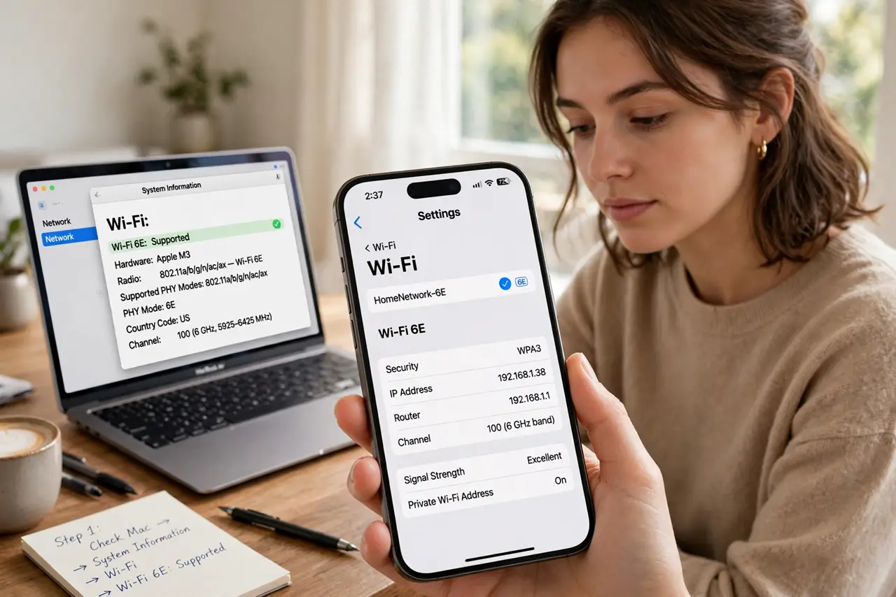 A person performing step 1: Check your Mac actually supports 6E. Only recent Apple-silicon Macs have 6 GHz radios — Intel Macs do not, eve.