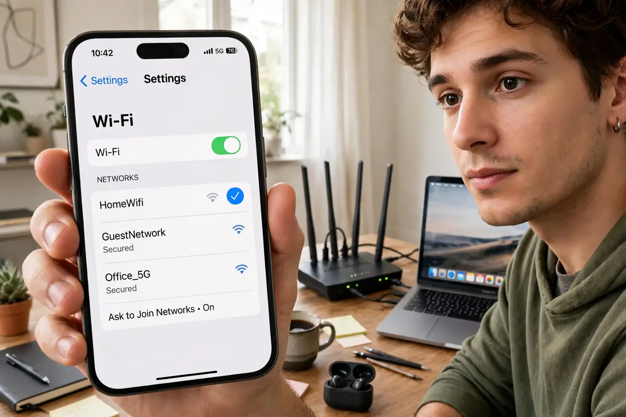 A person holding a real iPhone showing a legible Wi-Fi settings screen beside a real modern router with antennas, a MacBook open on the desk, the person's face.